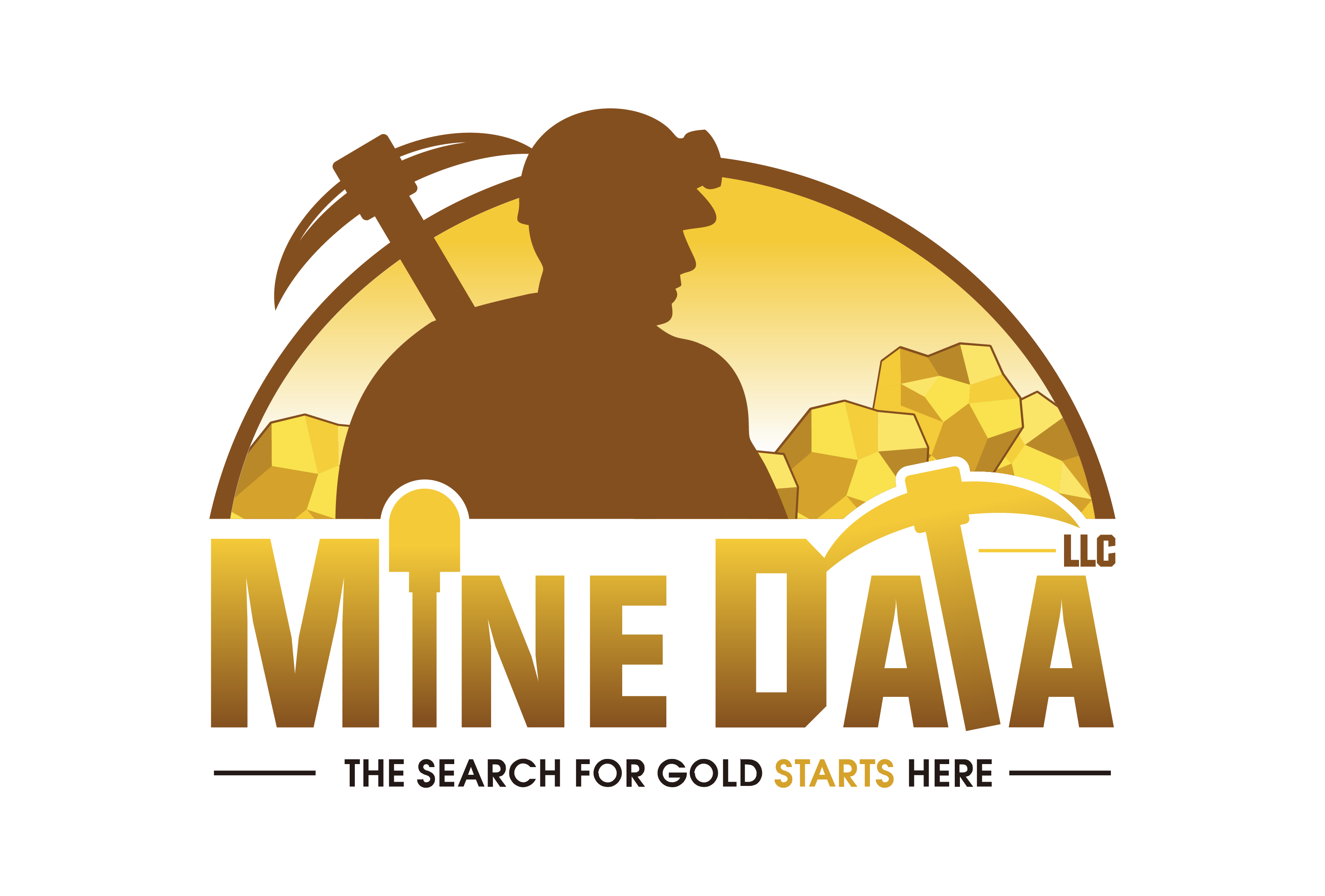 Gold-and-brown Mine Data LLC logo with a prospector, pickaxes, and gold nuggets.